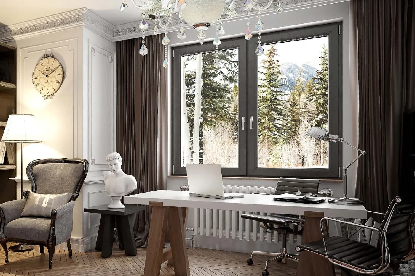 Arbeitszimmer mit dunkel abgesetztem Kunststofffenster, dahinter verschneite Nadelbäume