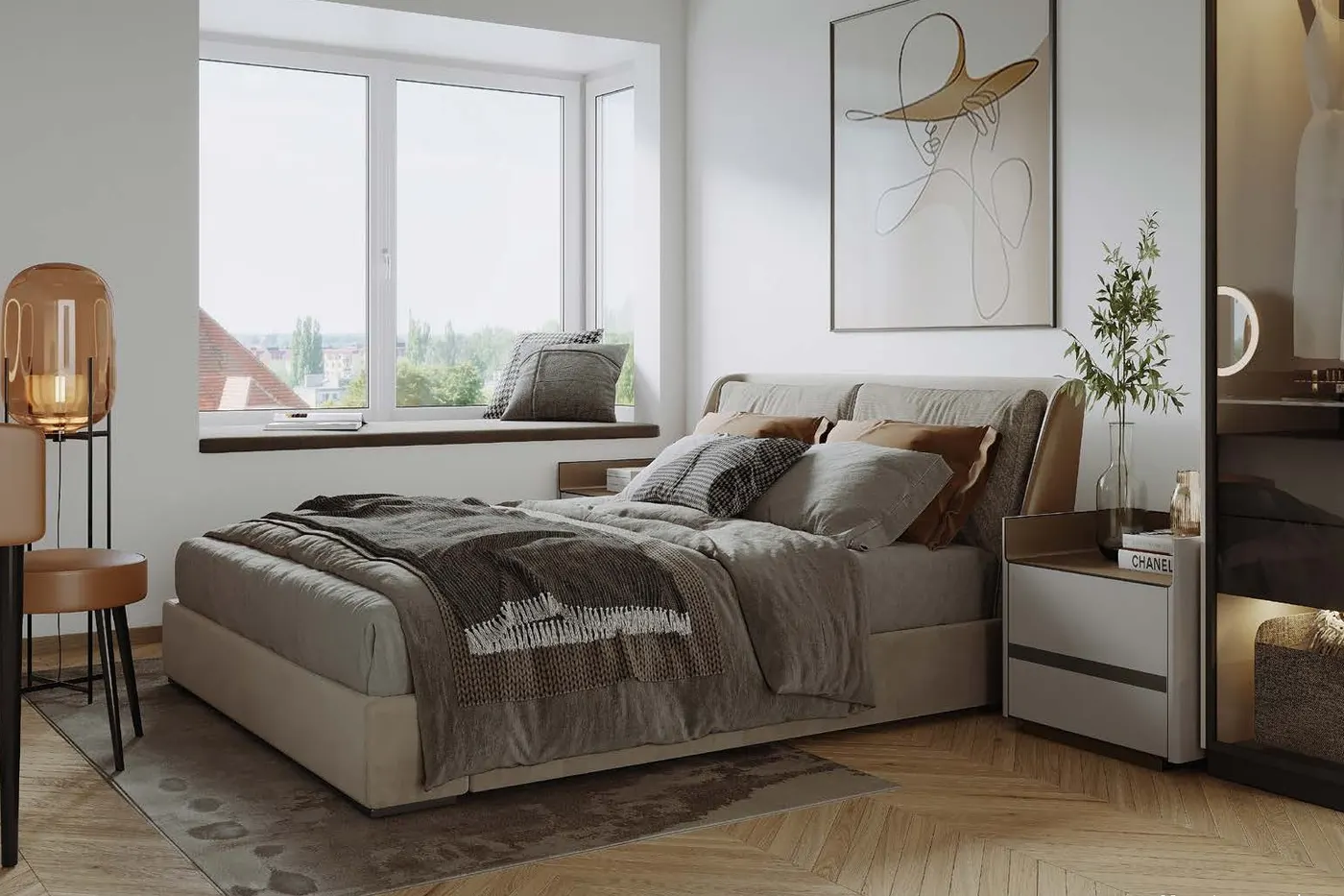 Helles Schlafzimmer mit weißem Kunststofffenster und Blick über die Dächer