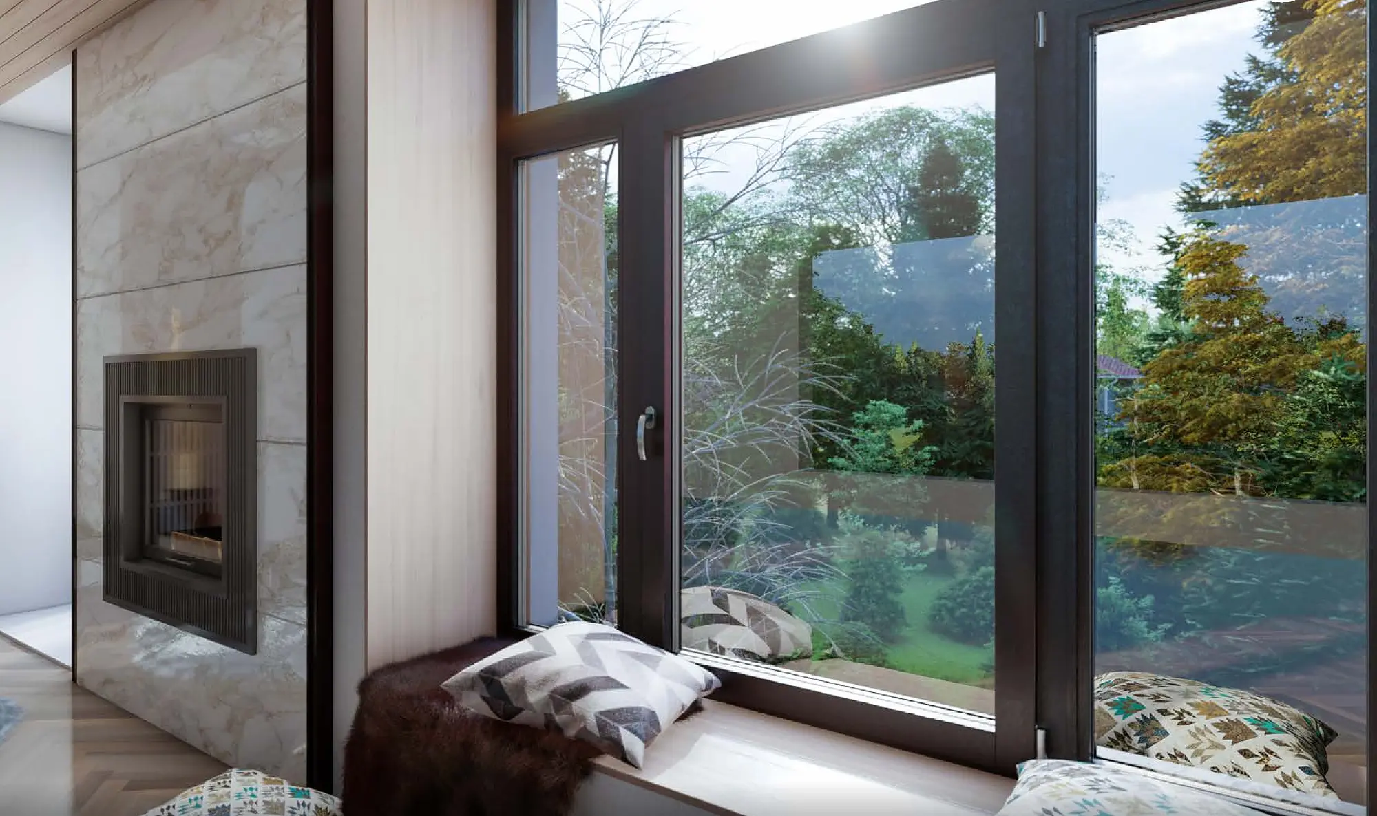 Tief in die Wand gesetzte Fensternische mit Sitzbank, davor ein Kamin, dahinter ein Garten im Gegenlicht