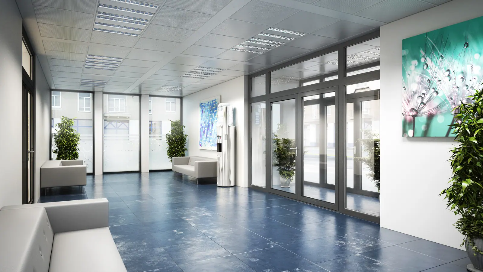 Verglaste Aluminium-Trennwand mit zweiflügeliger Tür in einem hellen Foyer