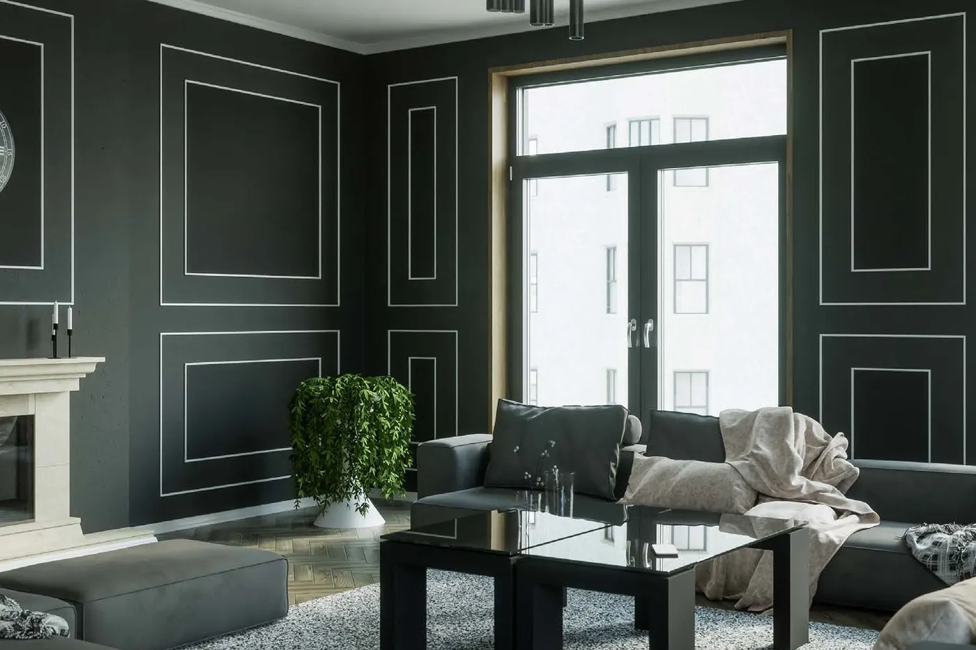 Dunkelgrüner Salon mit raumhoher Fenstertür in schmalem Aluminiumrahmen