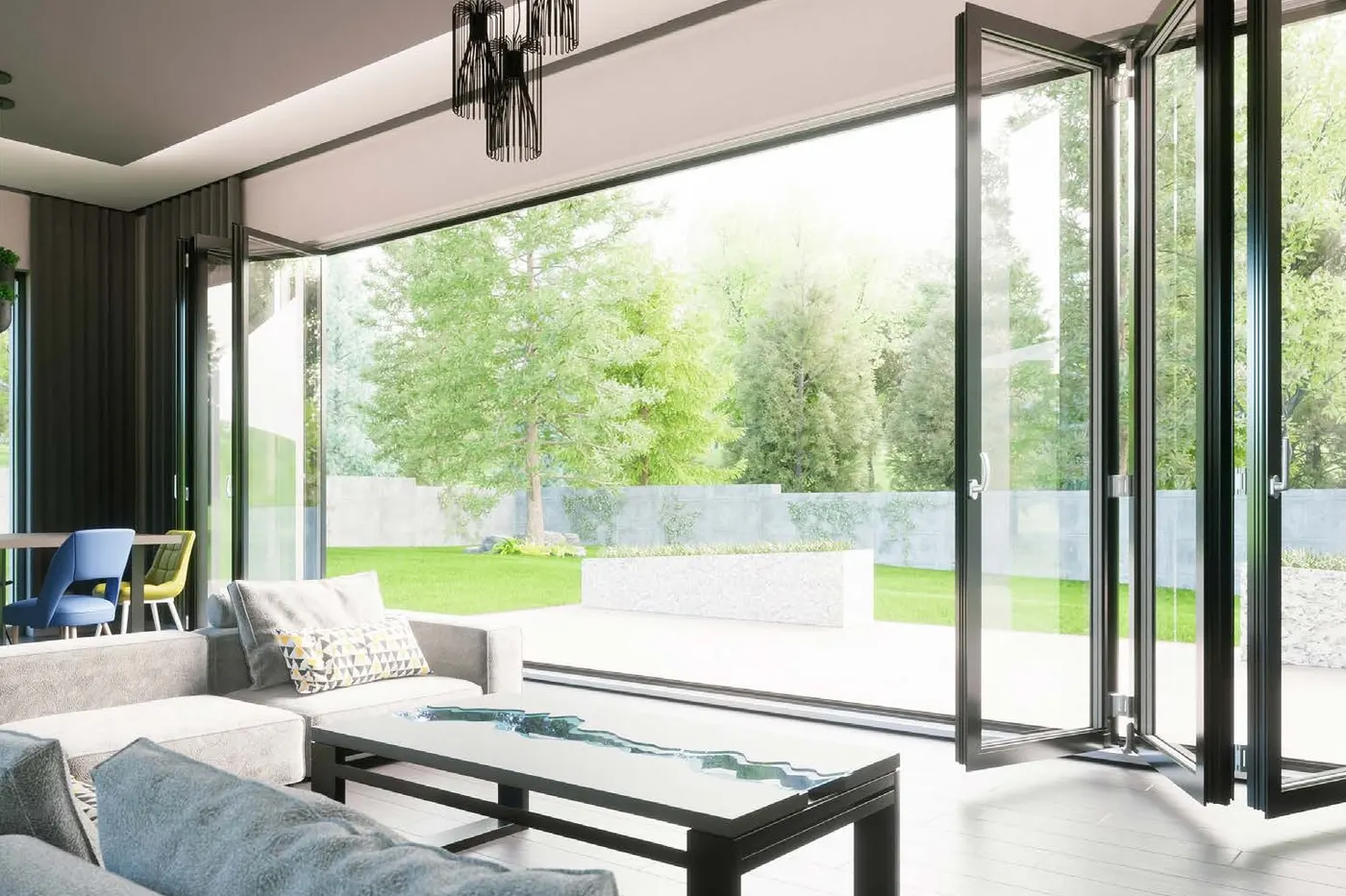Wohnraum mit geöffneter Falttür aus Aluminium über die ganze Zimmerbreite zur Terrasse