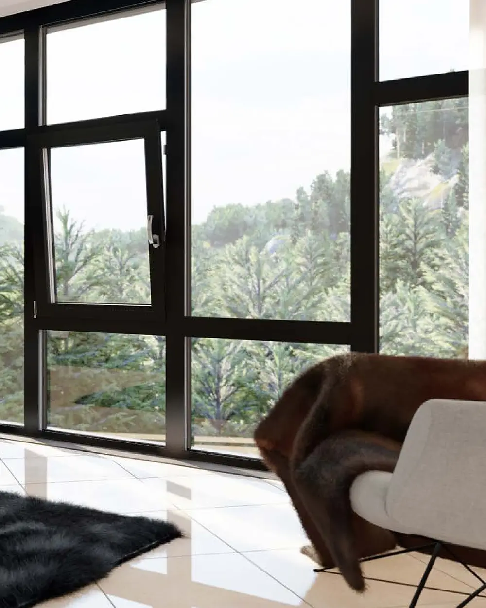 Raumhohe Aluminium-Fensterfront in Anthrazit mit schmalen Profilen und einem gekippten Flügel, vom Boden bis zur Decke verglast